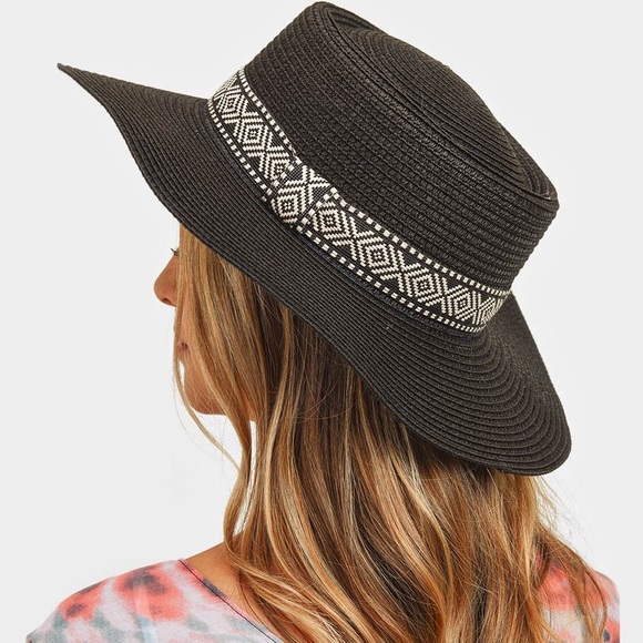 anthemoessa Accessories - BOHEMIAN TRIBAL PRINT BAND DETAIL BLACK PANAMA STYLE SUN HAT